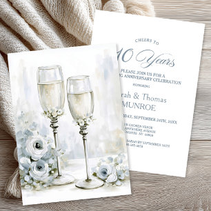 Grey Floral Champagne Glasses 10th Anniversary Invitation