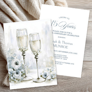 Grey Floral Champagne Glasses 15th Anniversary Invitation