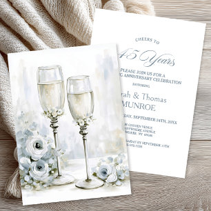 Grey Floral Champagne Glasses 45th Anniversary Invitation