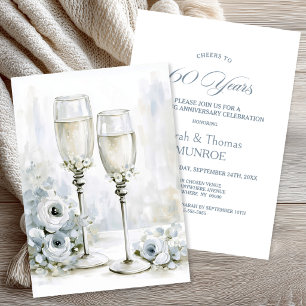 Grey Floral Champagne Glasses 60th Anniversary Invitation