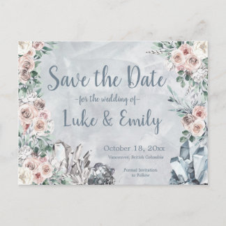 Grey Floral & Crystals Wedding Save the Date Postcard