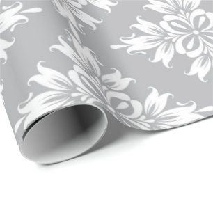 Grey Floral Damask Symetric Royal Bridal Wedding Wrapping Paper