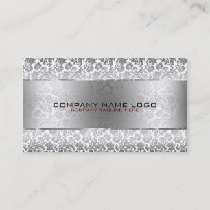 Grey Floral Damasks & Metallic Silver On White Business Card