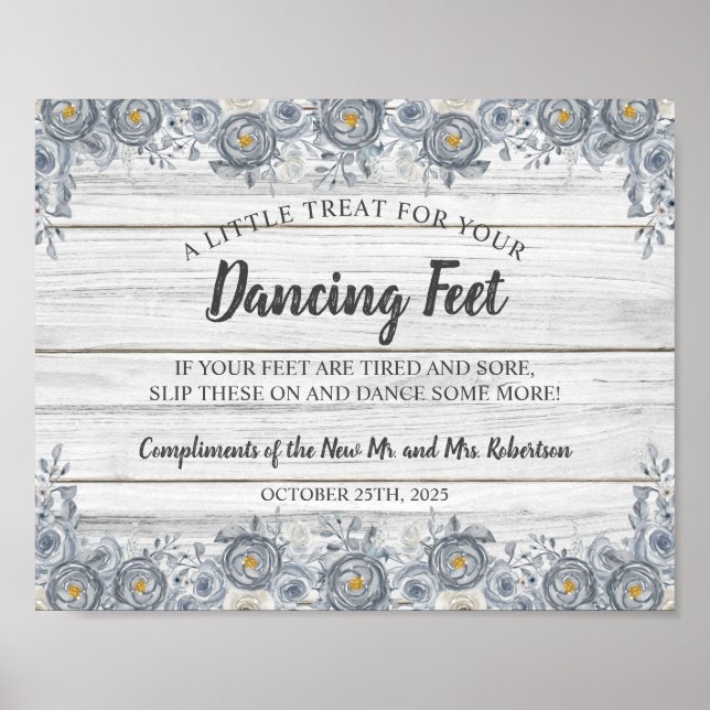 Grey Floral | Dancing Feet Flip Flops Wedding Sign (Front)