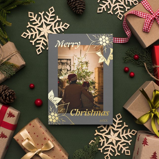 Grey Floral Elegant Merry Christmas Portrait Photo Foil Holiday Card (Creator Uploaded)