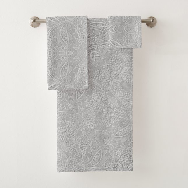 Grey Floral Embossed Look Bath Towel Set (Insitu)