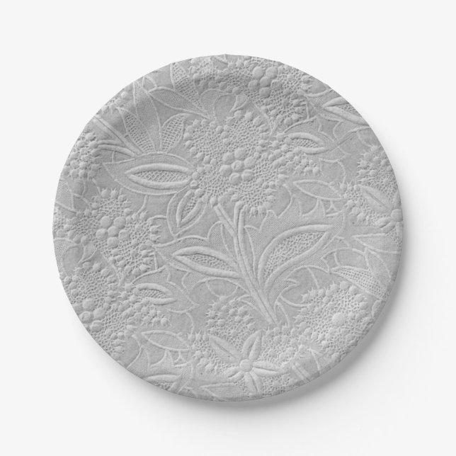 Grey Floral Embossed Look Paper Plate (Front)