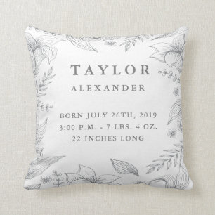 Grey Floral Garden Baby Stats Nursery Pillow