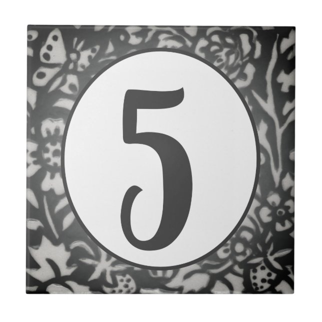 Grey Floral House Number Butterfly Berry Oval Ceramic Tile (Front)