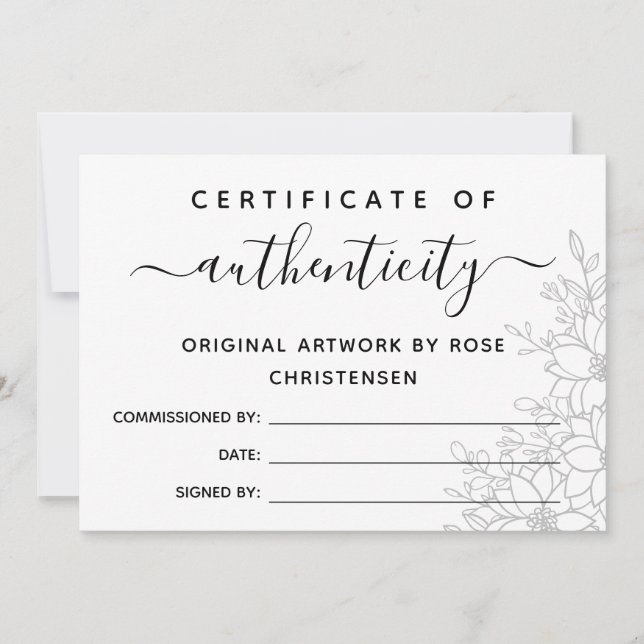 Grey Floral Larger Certificate of Authenticity (Front)
