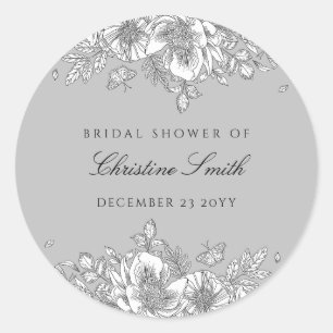 Grey Floral Line Art Bridal Shower Classic Round Sticker