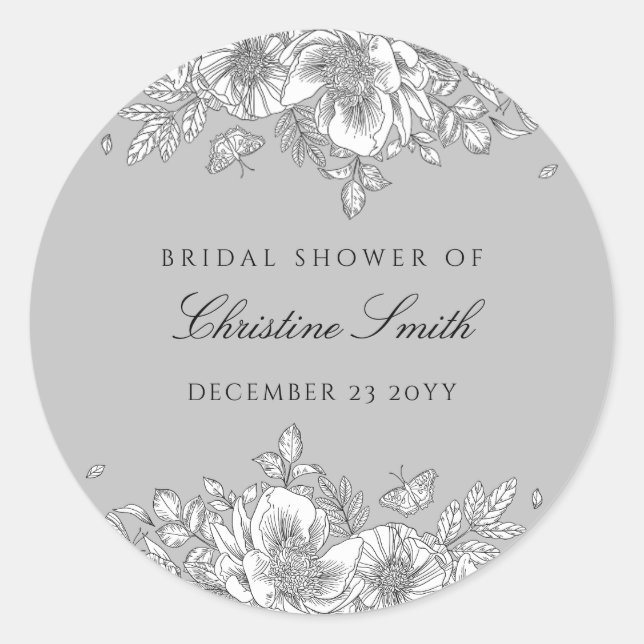Grey Floral Line Art Bridal Shower Classic Round Sticker (Front)