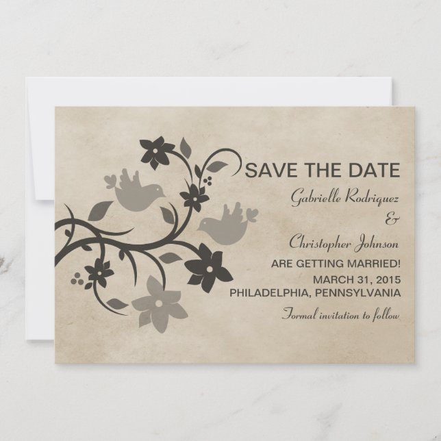 Grey Floral Lovebirds Save the Date Invite (Front)