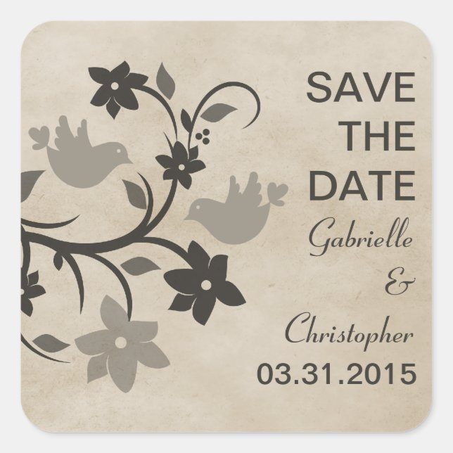 Grey Floral Lovebirds Save the Date Stickers (Front)