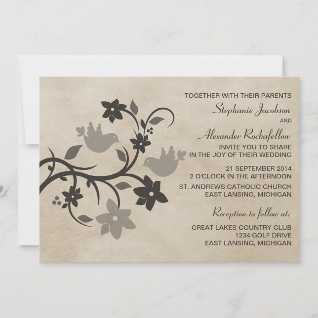Grey Floral Lovebirds Wedding Invitation (Front)
