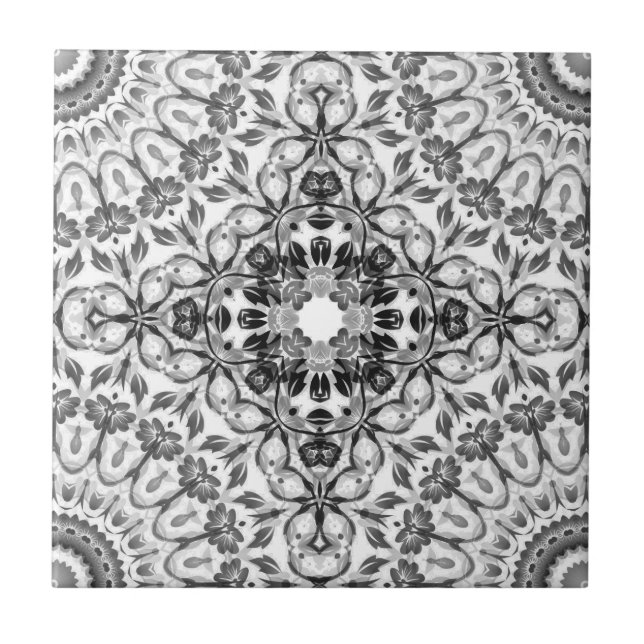 Grey Floral Mandala Geometric Ceramic Tile (Front)