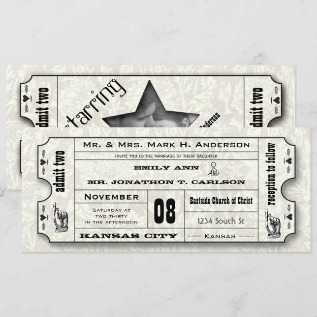 Grey Floral Modern Typography Ticket Wedding Invitation (Front/Back)