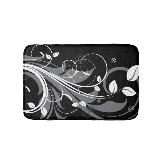 Grey Floral Pattern on Black Bath Mat (Front)