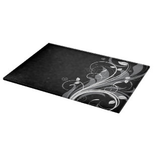 Grey Floral Pattern on Black Cutting Board