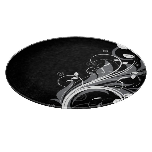 Grey Floral Pattern on Black Cutting Board (Corner)