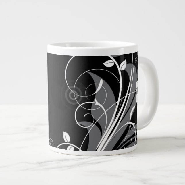 Grey Floral Pattern on Black Large Coffee Mug (Front Right)