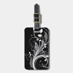 Grey Floral Pattern on Black Luggage Tag