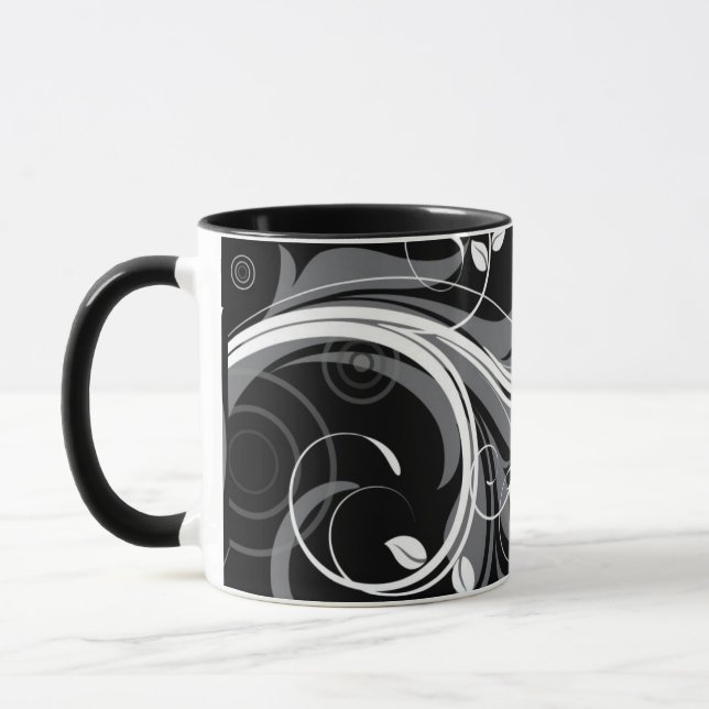 Grey Floral Pattern on Black Mug (Left)