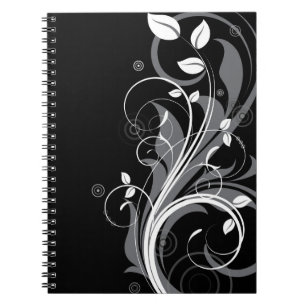 Grey Floral Pattern on Black Notebook