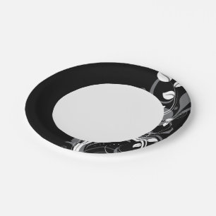 Grey Floral Pattern on Black Paper Plate