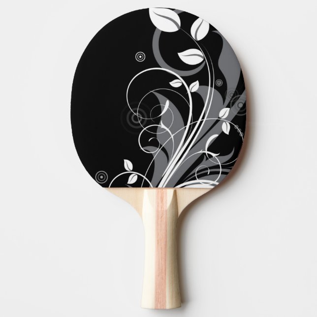 Grey Floral Pattern on Black Ping Pong Paddle (Front)