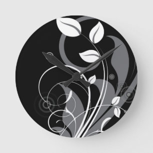 Grey Floral Pattern on Black Round Clock
