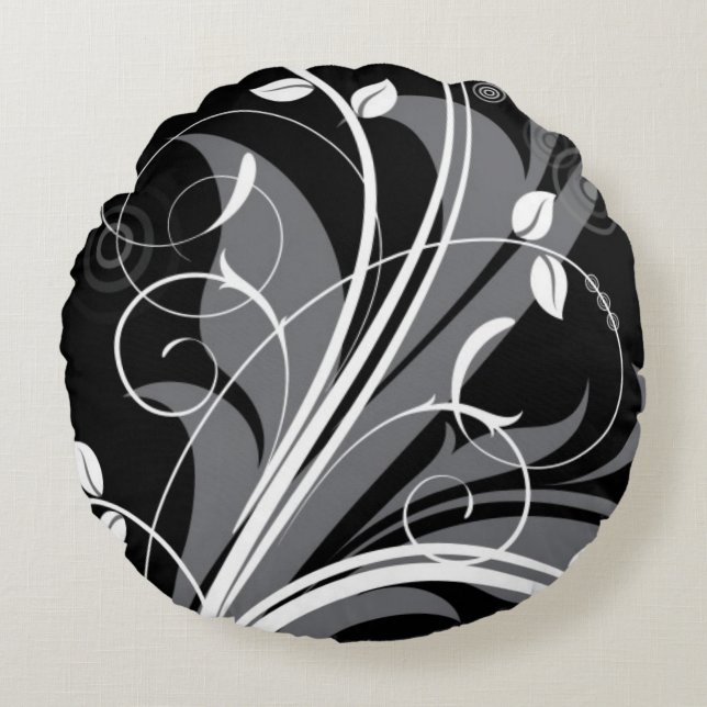 Grey Floral Pattern on Black Round Cushion (Front)