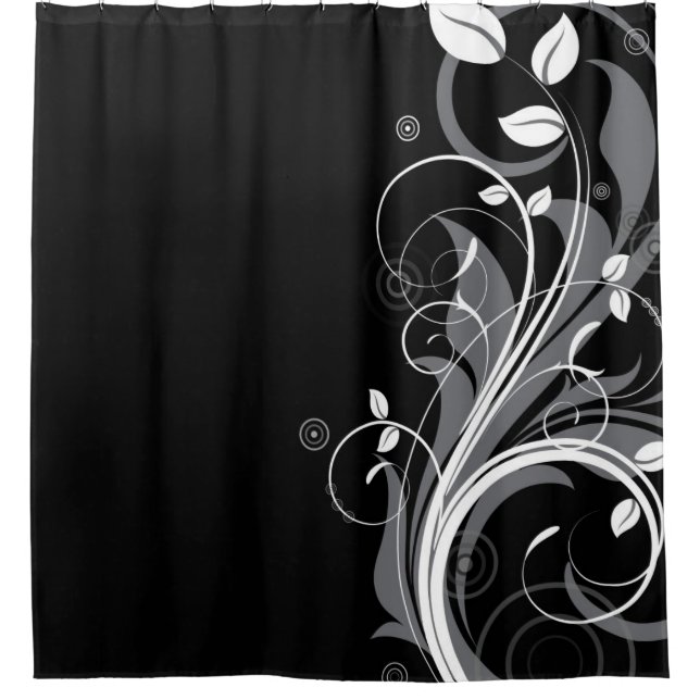 Grey Floral Pattern on Black Shower Curtain (Front)