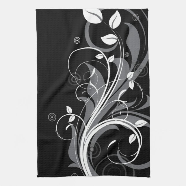 Grey Floral Pattern on Black Tea Towel (Vertical)