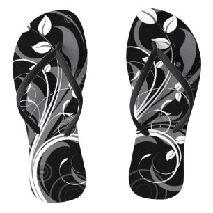 Grey Floral Pattern on Black Thongs