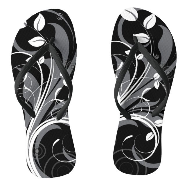 Grey Floral Pattern on Black Thongs (Footbed)