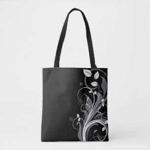 Grey Floral Pattern on Black Tote Bag
