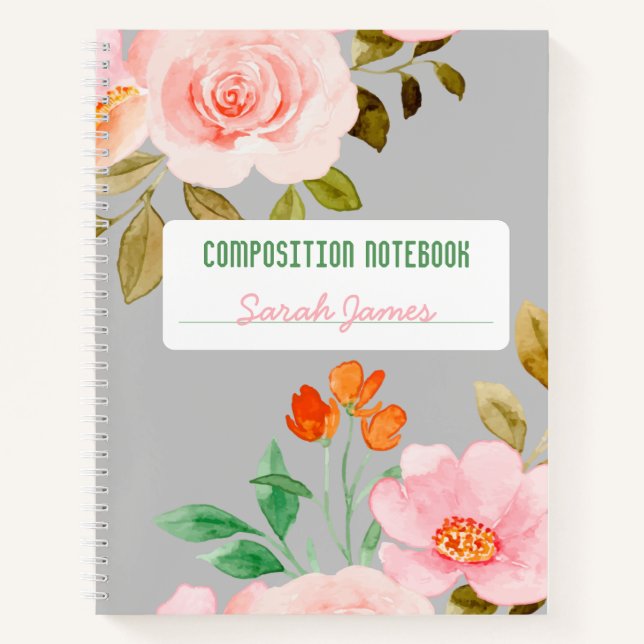 Grey Floral Personalised Composition Journal (Front)
