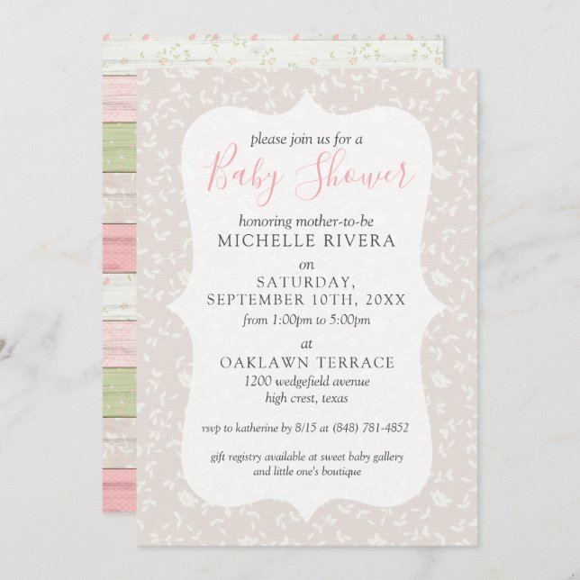 Grey Floral Pink & Sage Rustic Country Baby Shower Invitation (Front/Back)
