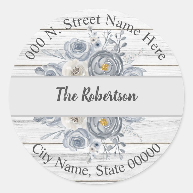 Grey Floral | Return Address |  Classic Round Sticker (Front)