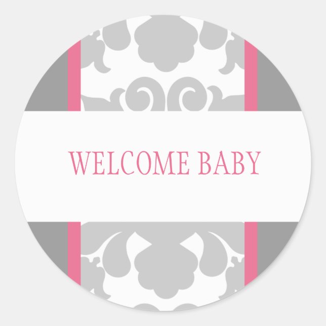 Grey Floral Ribbon Sticker-pink Classic Round Sticker (Front)