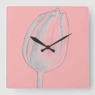 Grey Floral Salmon Pink Orange Tulips Cute Square Wall Clock