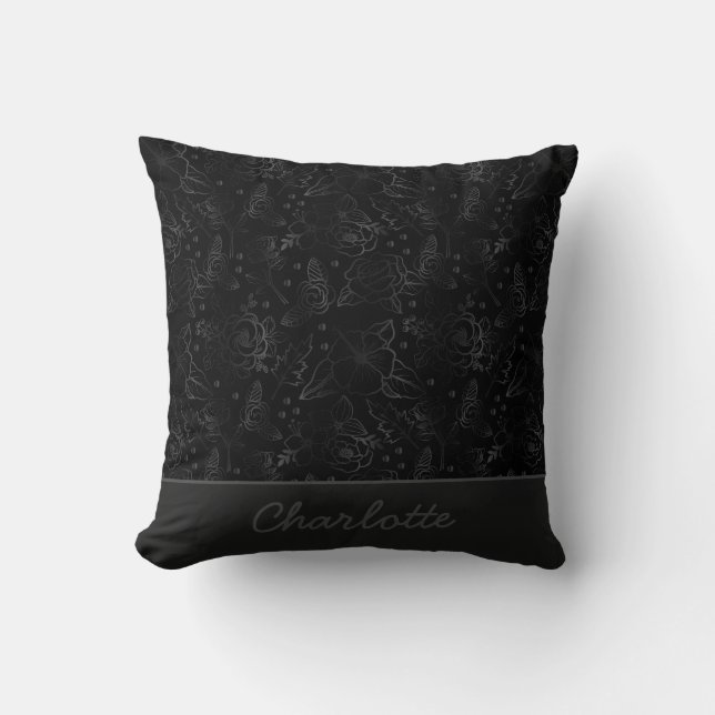 Grey floral seamless pattern personalised name cushion (Front)