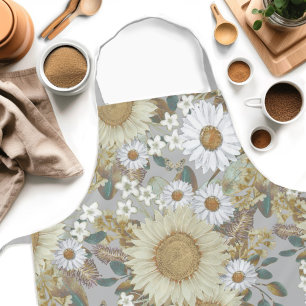 Grey Floral Sunflower Pattern Apron