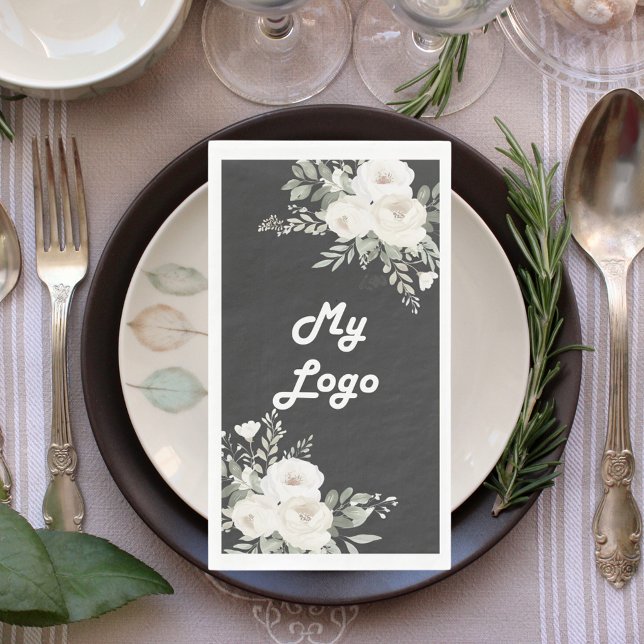 Grey florals beige business logo napkin (Creator Uploaded)