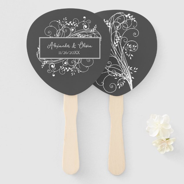 Grey Flourish Wedding Favour Hand Fan (Front and Back)