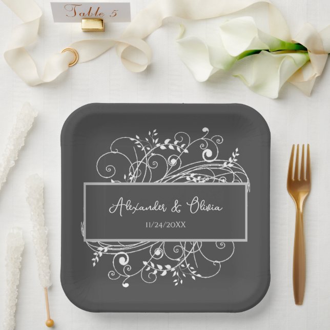 Grey Flourish Wedding Shower Paper Plates (Wedding)