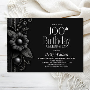 Grey Flower 100th Birthday Party Invitation