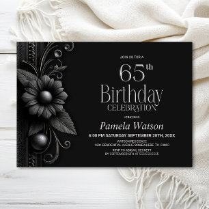 Grey Flower 65th Birthday Party Invitation