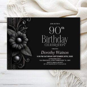 Grey Flower 90th Birthday Party Invitation